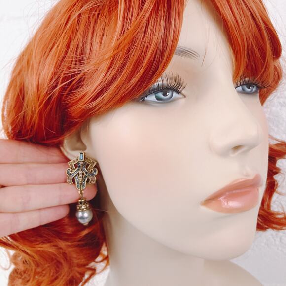 Signed Heidi Daus Gold Tone Crystal Pearl Drop Clip On Earrings VTG Swarovski? - Picture 6 of 17